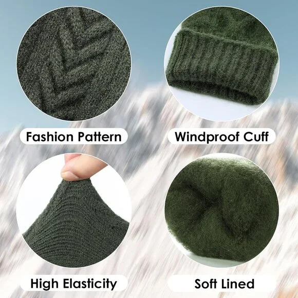 Women's Dark Green Touch Screen Elastic Knit Lined Stylish Winter Warm Gloves